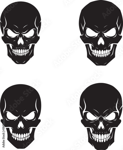 Four solid black skulls with glowing eyes on white background