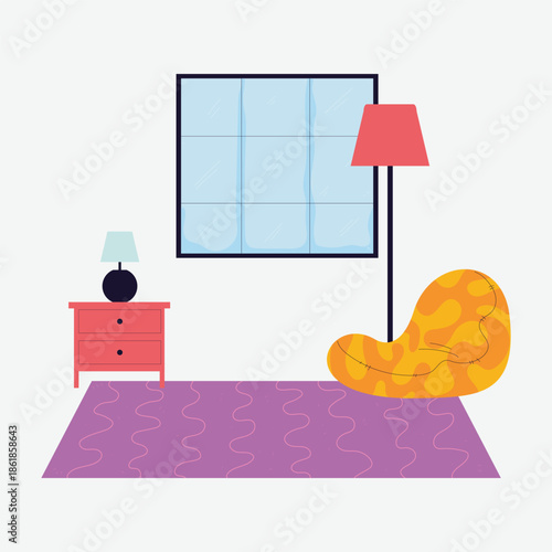 Cozy living room scene with modern furniture and window vector illustration.