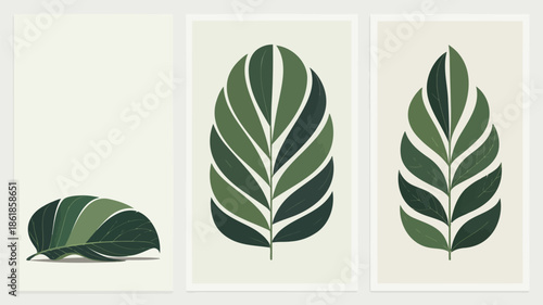 Set of modern green leaf illustrations on beige background
