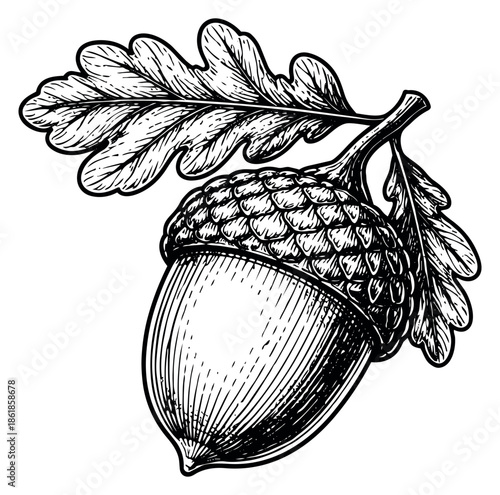 Hand drawn line art illustration of an acorn and oak leaves depicting a natural forest fruit for autumn season designs