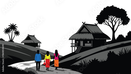A serene village scene with people walking along a path towards traditional thatched huts