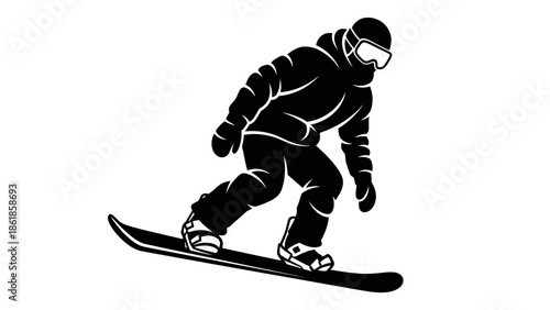 A black and white illustration of a snowboarder in action on a snowy mountain