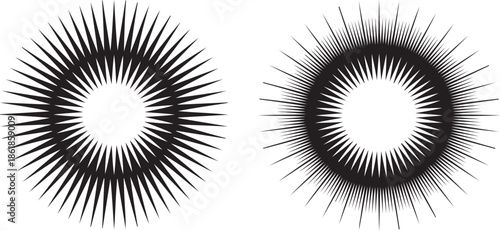Abstract sunburst radial ring vector set with sharp spike rays, minimalist black and white circular energy design