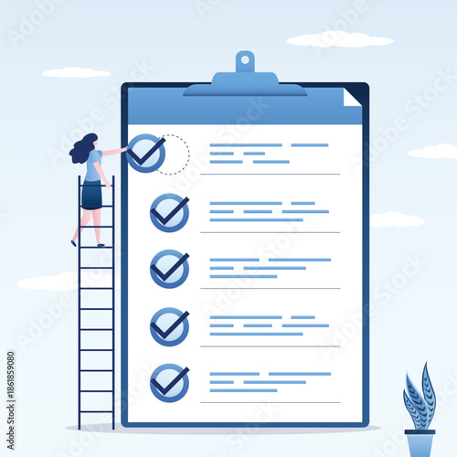 Businesswoman standing on ladder and put tick on completion checklist. All tasks completed. Checklist report, evaluation list, complete checkbox, finish work,