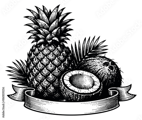 Engraved line art illustration of tropical fruits and a ribbon depicting a summer composition for healthy food concepts