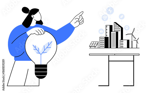 Renewable energy, sustainability, green technology, eco-innovation, urban planning, environmental awareness. Person holding light bulb with plant inside and pointing at eco-friendly buildings