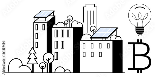 Renewable energy, eco-friendly technology, cryptocurrency, sustainability solutions, urban innovation, clean energy. Cityscape solar panels on rooftops and Bitcoin symbol with bulb. Renewable energy