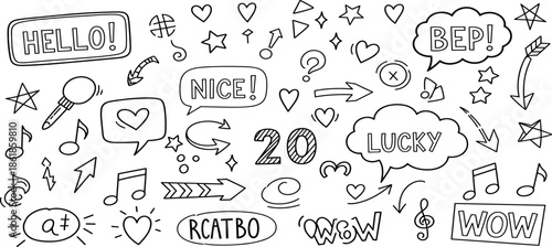 Hand-drawn doodles of speech bubbles and symbols surrounding expressions of excitement and surprise