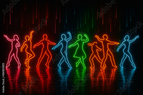 Group of colorful neon silhouettes dancing in a dark virtual club