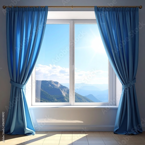 Bright sunny vista through window, framed by blue curtains, mountain view