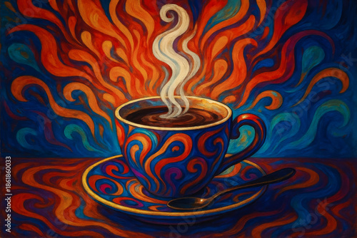 Abstract coffee cup with colorful swirling patterns and steam