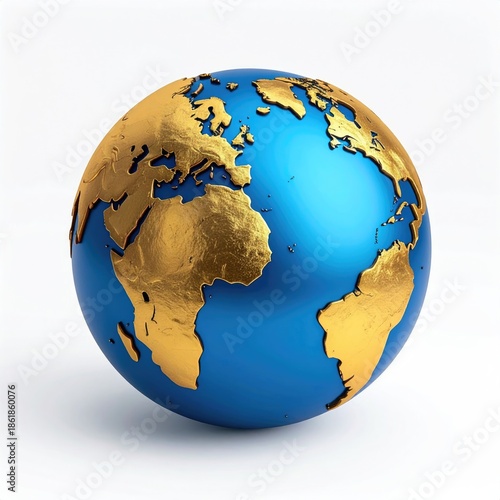 A 3D-rendered globe, with gold continents on a blue ocean, isolated