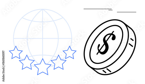 Globe with five stars representing international standards and quality, alongside a dollar coin signifying economic value or profit. Ideal for global business, finance, quality assurance