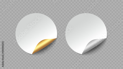 Round sticker with a swirled gold and silver side, curled edges, and a shadow, isolated on a transparent background. Adhesive sticker mockup for design. Label, price tag template.