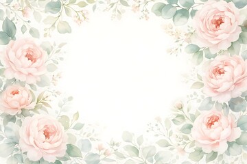 Elegant watercolor pink roses and eucalyptus leaves frame for wedding invitations and greeting cards.