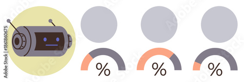 Robot next to three human figures with progress bars and percentages highlighting analysis. Ideal for AI, automation, teamwork, data interpretation, technology, human performance, simple flat