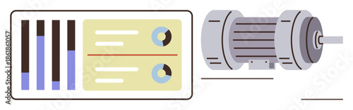 Engine with data analytics dashboard displaying graphs and charts. Ideal for engineering, efficiency improvement, energy management, mechanical innovation, technology advancement, industrial
