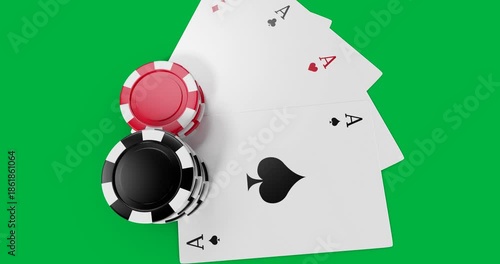 Animation of casino chips and playing cards on black background