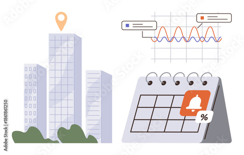 High-rise building with location pin, data chart showing trends, calendar with alert icon. Ideal for business planning, sales tracking, real estate, scheduling, productivity, market analysis