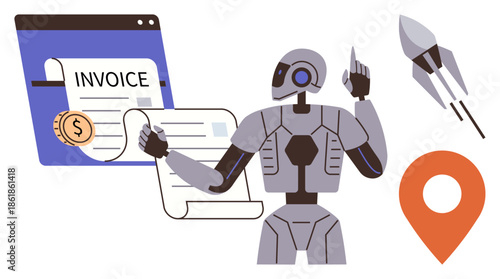 Robot analyzing invoice, coin icon, rocket for growth, and location marker. Ideal for finance, automation, business efficiency, futuristic technology, innovation fintech and simple flat metaphor