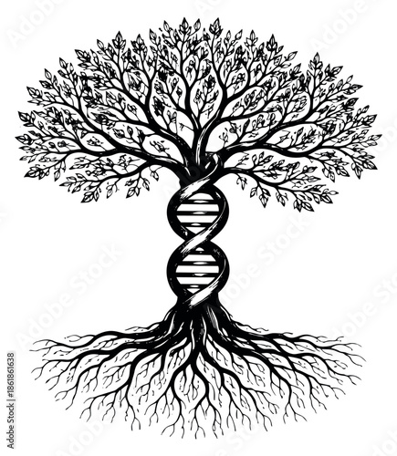Hand drawn line art illustration of a tree with a dna helix trunk depicting ancestry and biological connection for scientific and genealogical concepts