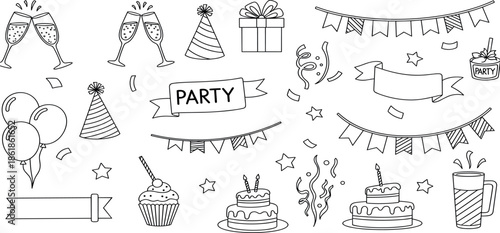 A festive party scene with cake, balloons, and decorations viewed from the front.