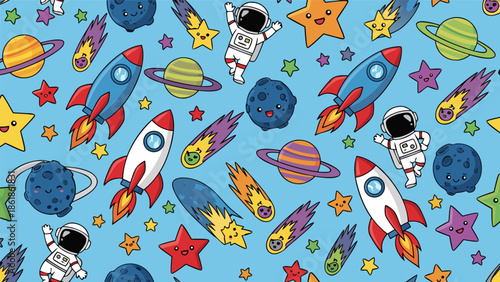 Cute Space Adventure Pattern Vector Illustration with Rockets, Astronauts, Planets, and Stars for Kids