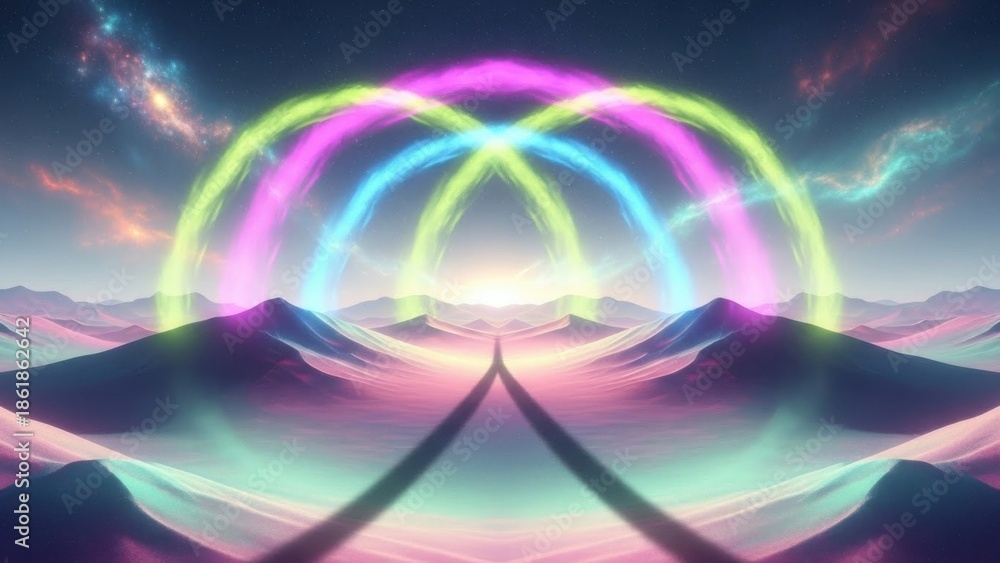 Obraz premium surreal digital landscape with glowing rainbow arches illuminating mountainous terrain and vibrant
