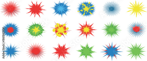Vibrant starburst icons arranged in a grid pattern on a white background