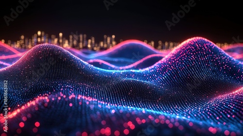 3D Digital Waveform with Neon Lights and Cityscape in Background
