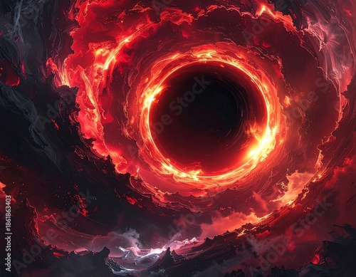 Surreal depiction of a fiery, swirling cosmic void with intense color