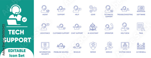 Tech Support and Customer Service Line Icon Set featuring Agent, AI Assistance, Troubleshooting, Help Desk, Information Security, and System Repair Symbols for IT Vector Design.