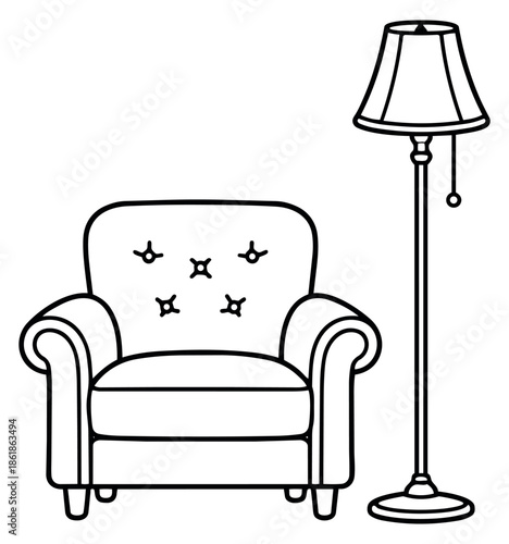 Hand drawn line art furniture set featuring an upholstered armchair and a floor lamp for interior design