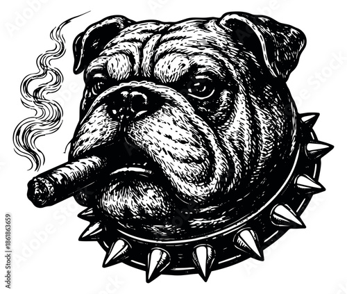 Hand drawn line art illustration of a bulldog depicting smoking a cigar for merchandise design