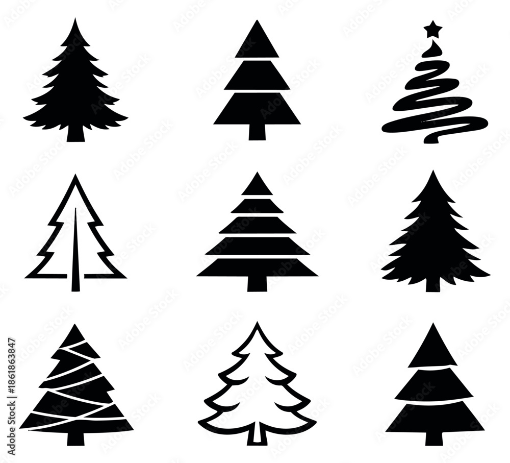 Obraz premium Stylized Christmas tree icon set featuring various festive designs for holiday decorations