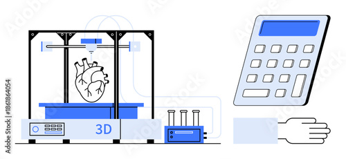 Healthcare technology, organ printing, 3D printing, innovation, medical advancements, futuristic solutions. A 3D printer creating a human heart alongside a calculator and a hand. Healthcare