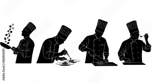 Chef Silhouette Set Featuring Professional Cooks Sautéing, Plating, Cutting, and Tasting Food in Restaurant Kitchen