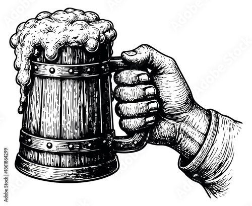 Hand drawn line art illustration of a hand holding a beer mug depicting overflowing foam for a pub or brewery event