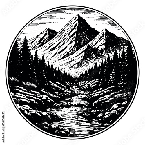 Hand drawn line art illustration of a mountain landscape depicting a river flowing through a forest for outdoor adventure and nature designs