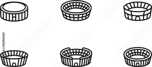 Stadium bowl top view icon set vector with arena seating shapes, minimalist black and white sports venue design