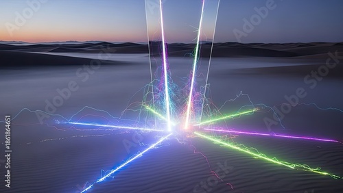  surreal lightning phenomena over a desert landscape with vibrant neon streaks illuminating the sky