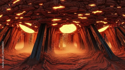 Surreal Lava Cave Interior with Molten Rock and Glowing Openings Creating a Fiery Underground