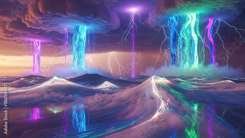 Surreal Lightning Storm Over Ocean with Vibrant Aurora and Striking Cloud Formation