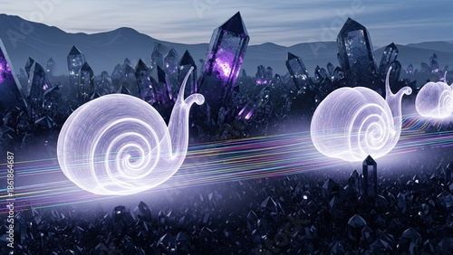 Surreal luminous snails floating amidst glowing crystal formations in a mystical landscape scene