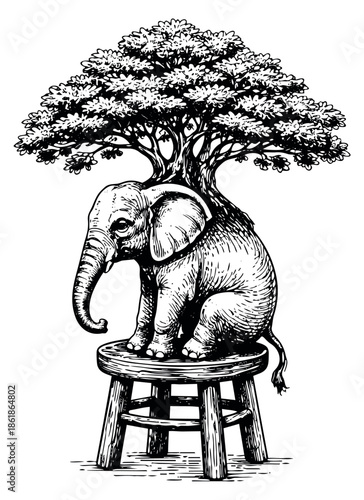 Hand drawn illustration of an elephant with a tree on its back depicting surreal nature for environmental concepts
