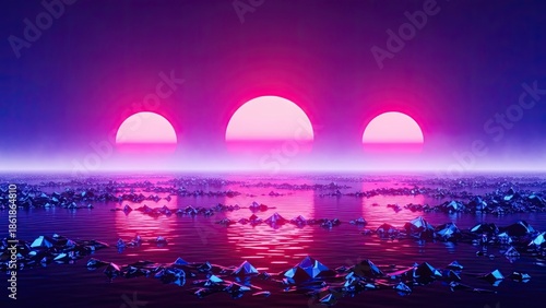 surreal neon sunset over icy ocean with vibrant purple and pink hues