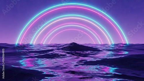 Surreal neon rainbow casting vibrant reflections over an ocean surface at twilight with futuristic