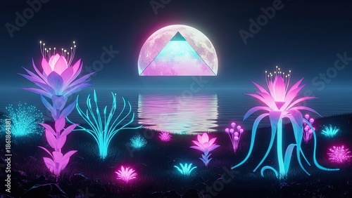 surreal neon-lit landscape with glowing flowers and a luminous moon with geometric shapes