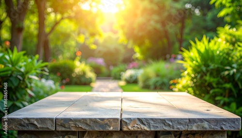 A serene garden scene featuring a stone table with lush greenery and sunlight in the background