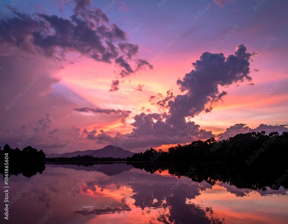Naklejka premium Stunning twilight sky with clouds reflected in calm water